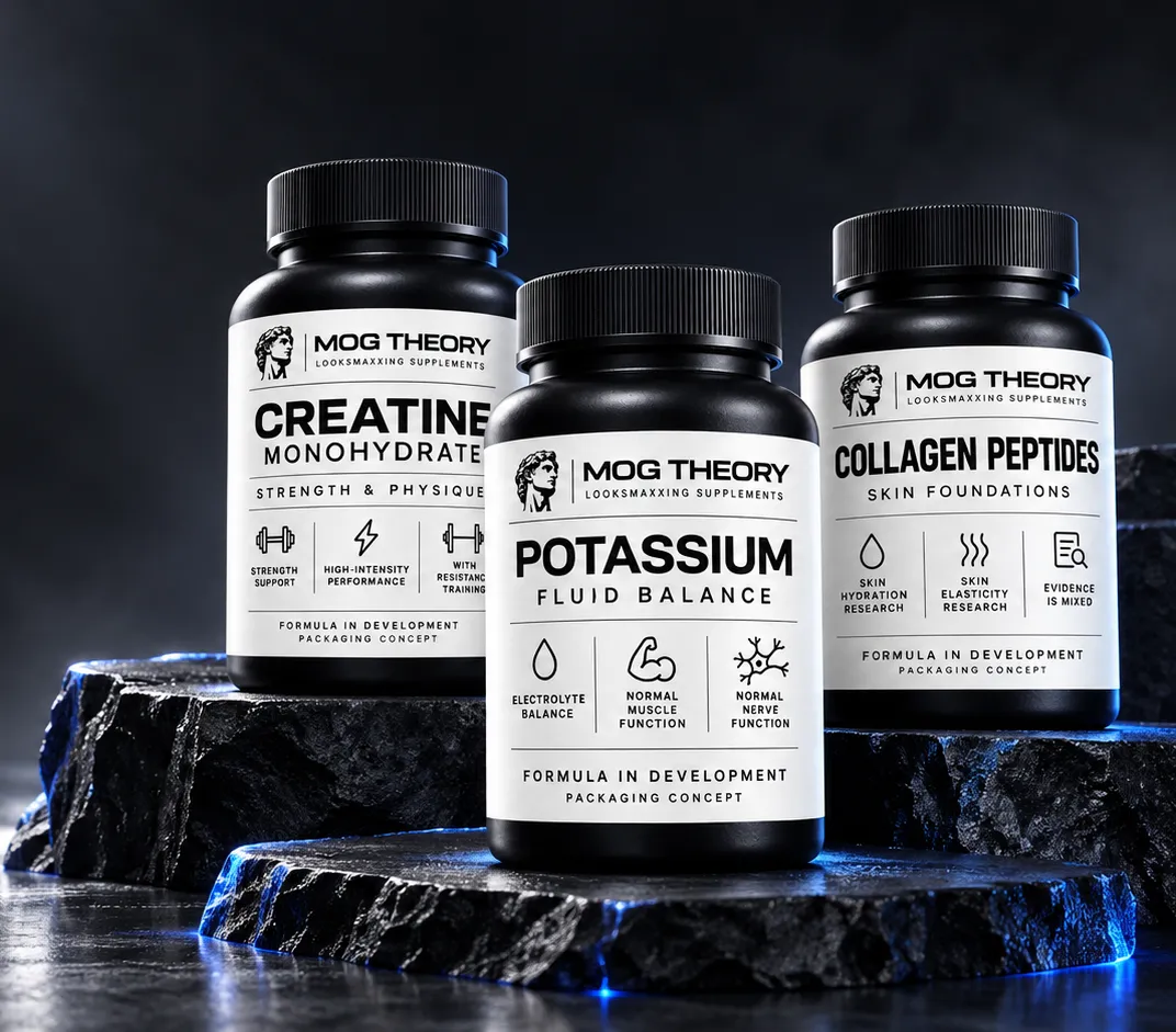 Mog Theory Creatine Monohydrate, Potassium and Collagen Peptides bottles on dark stone podiums